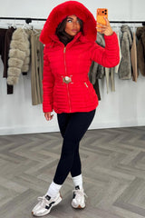 womens winter coat with belt and fur hood red styledup