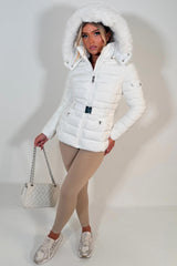 womens faux fur hooded padded puffer jacket with belt styledup uk