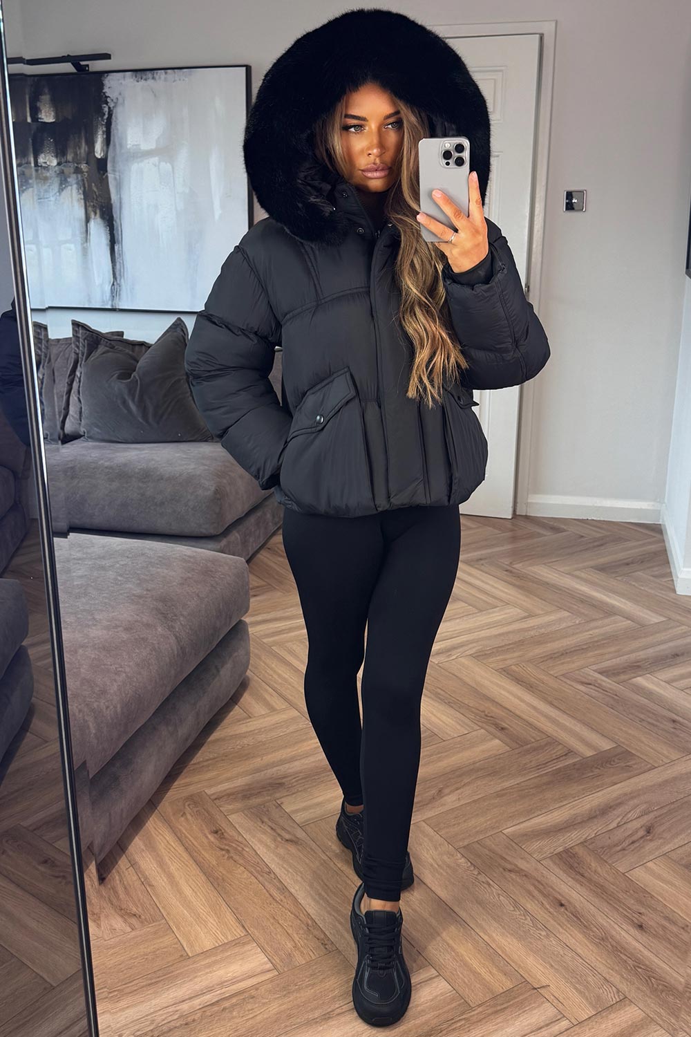 womens black faux fur hood padded puffer jacket styledup uk