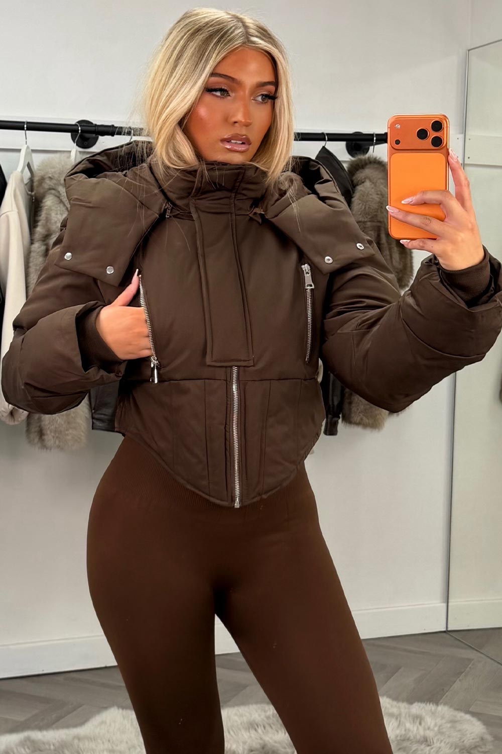 womens brown padded puffer funnel neck winter ski jacket styledup uk