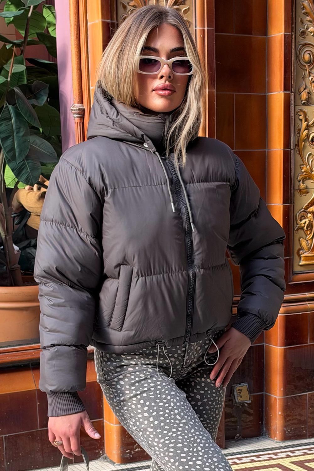 womens brown padded puffer jacket with hood styledup 