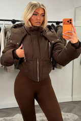 womens brown padded puffer funnel neck winter ski jacket styledup uk