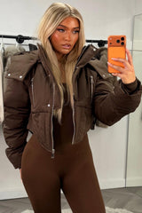 womens puffer padded hooded cropped winter ski jacket with funnel neck styledup uk