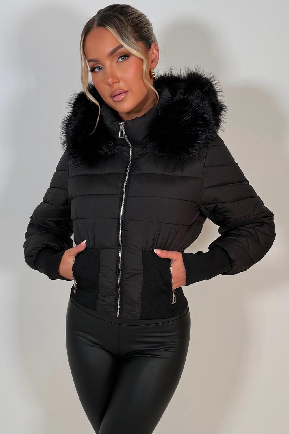 faux fur hooded padded puffer jacket black styledup uk
