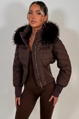 faux fur hood padded puffer jacket with cinched waist womens winter ski outerwear styledup uk