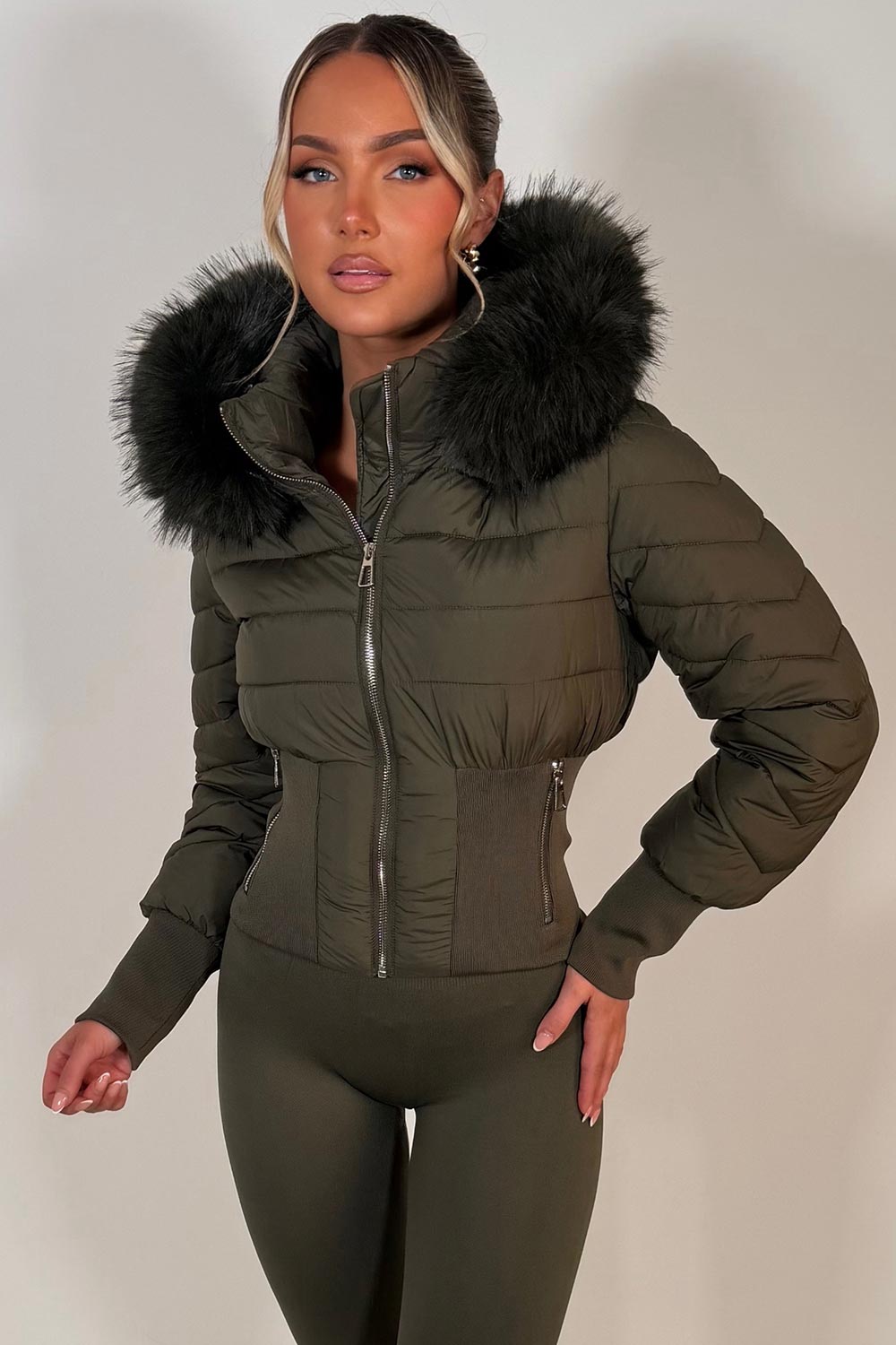 womens khaki puffer padded ski jacket with fur hood styledup uk