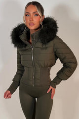 womens khaki puffer padded ski jacket with fur hood styledup uk
