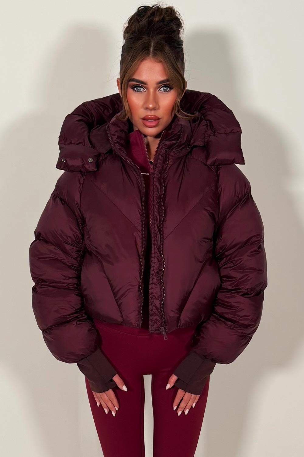 padded puffer jacket with hood burgundy styledup womens 