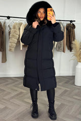 womens long padded puffer winter coat down filling and faux fur hood really warm weather resistant 