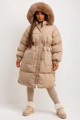 fur hood long puffer padded down coat with drawstring waist