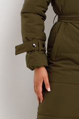 womens fur hood long padded puffer coat with belt khaki