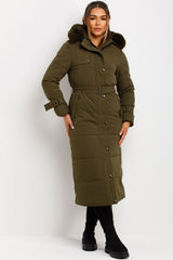 faux fur hood long puffer padded quilted coat for womens