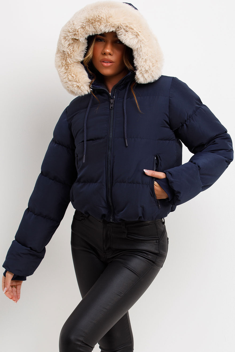 faux fur hood puffer jacket navy