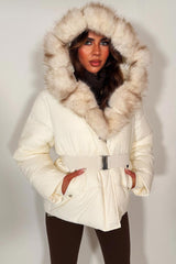womens big faux fur hooded padded puffer jacket with belt for winter 