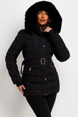 womens black faux fur hood thick warm puffer coat with belt styled up