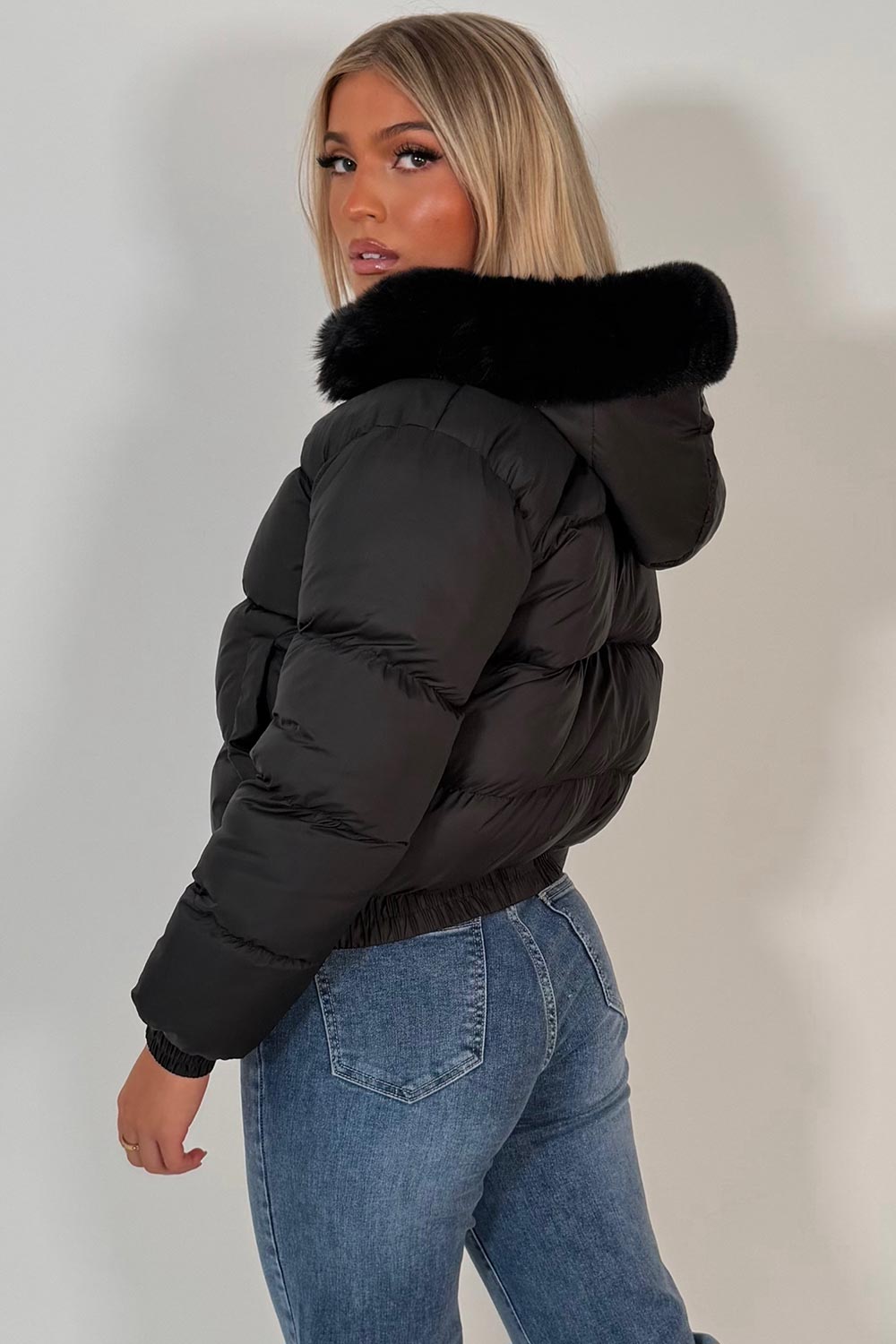 faux fur hood padded puffer winter jacket for womens styledup uk 