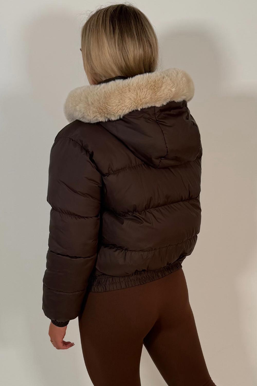 womens brown faux fur hood padded puffer winter jacket styledup uk