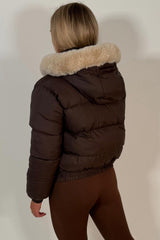 womens brown faux fur hood padded puffer winter jacket styledup uk