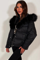 womens fur hood winter puffer padded jacket with waist belt really nice fitted outerwear for girls 