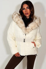 fur hood puffer jacket with belt for womens winter outerwear premium fur 