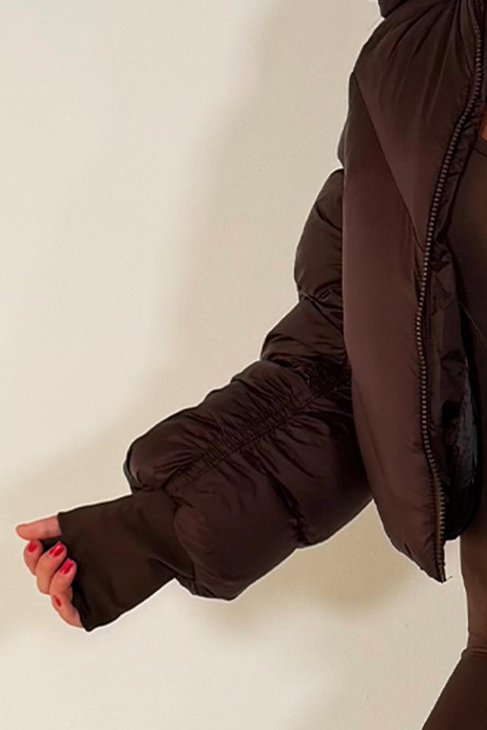 winter puffer jacket with hood for womens in brown colour 