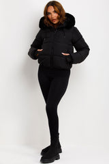 faux fur hood black puffer jacket for winter