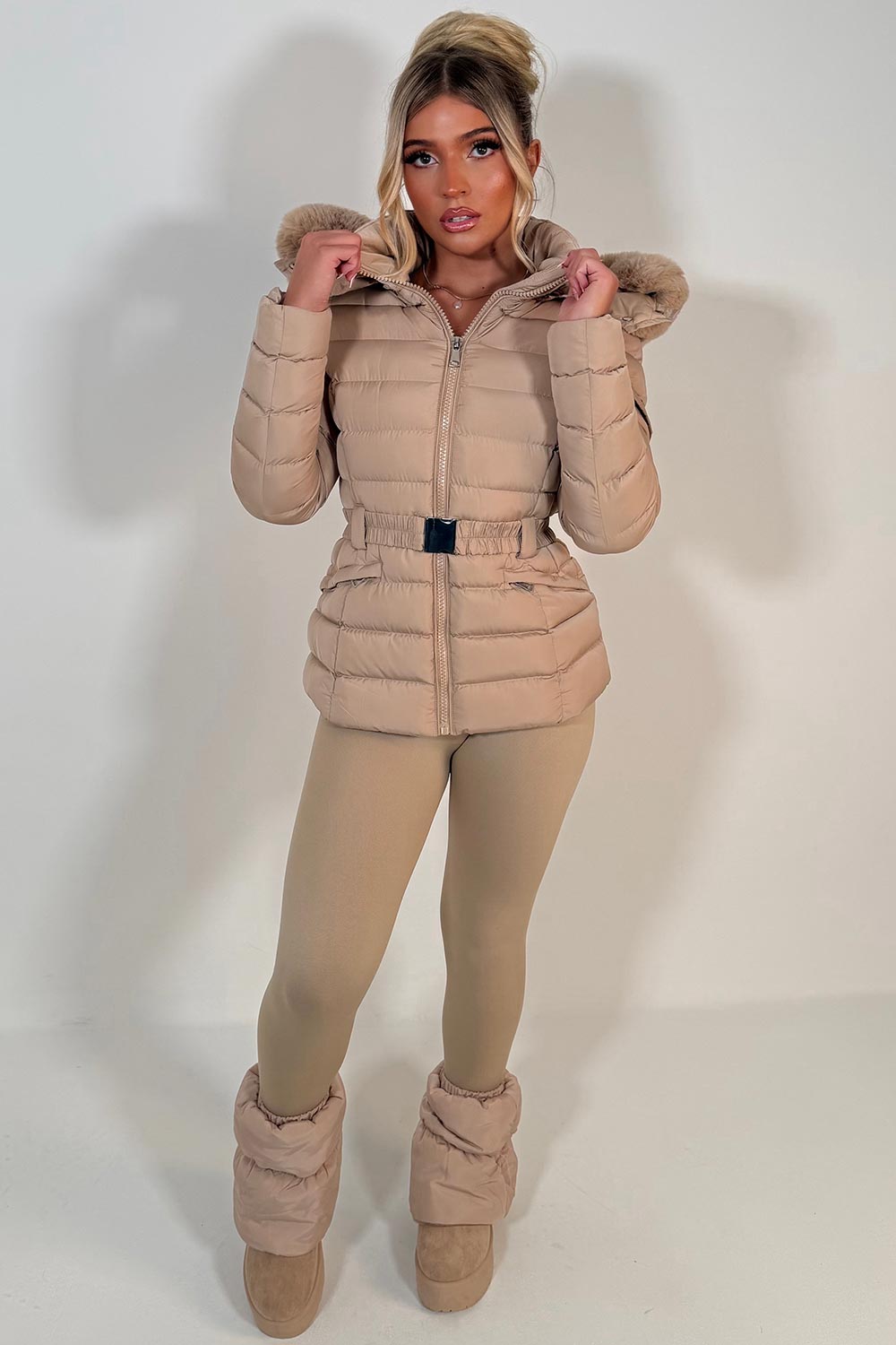 womens faux fur hooded puffer jacket with belt for winter styledup uk