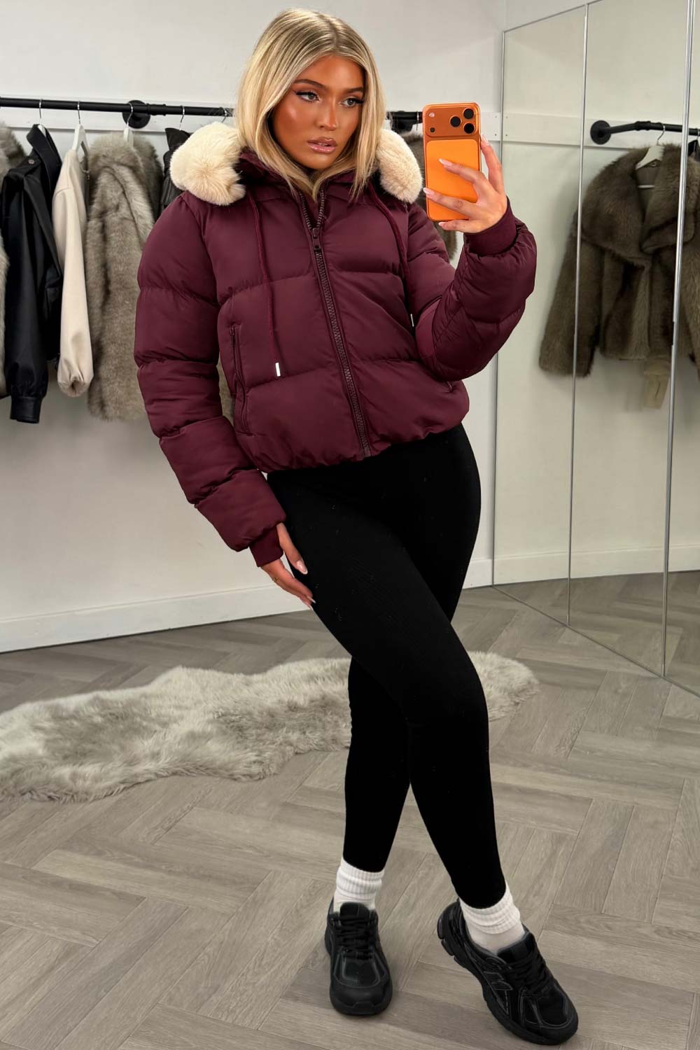 cropped puffer jacket with fur hood uk