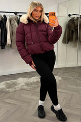 cropped puffer jacket with fur hood uk