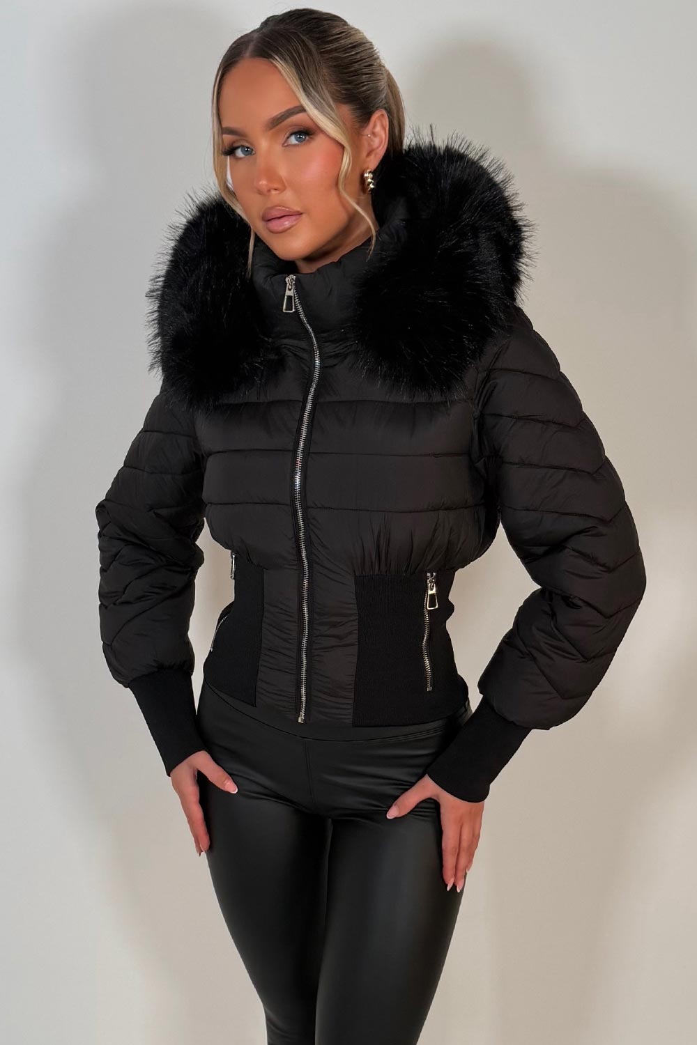 womens black puffer padded ski jacket with fur hood styledup uk