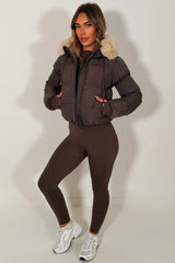 womens brown puffer jacket with faux fur hood for winter zara uk 