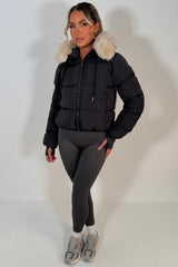 womens charcoal grey puffer padded jacket with fur hood for winter