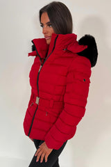 womens hooded padded puffer jacket for winter with faux fur hood styledup uk