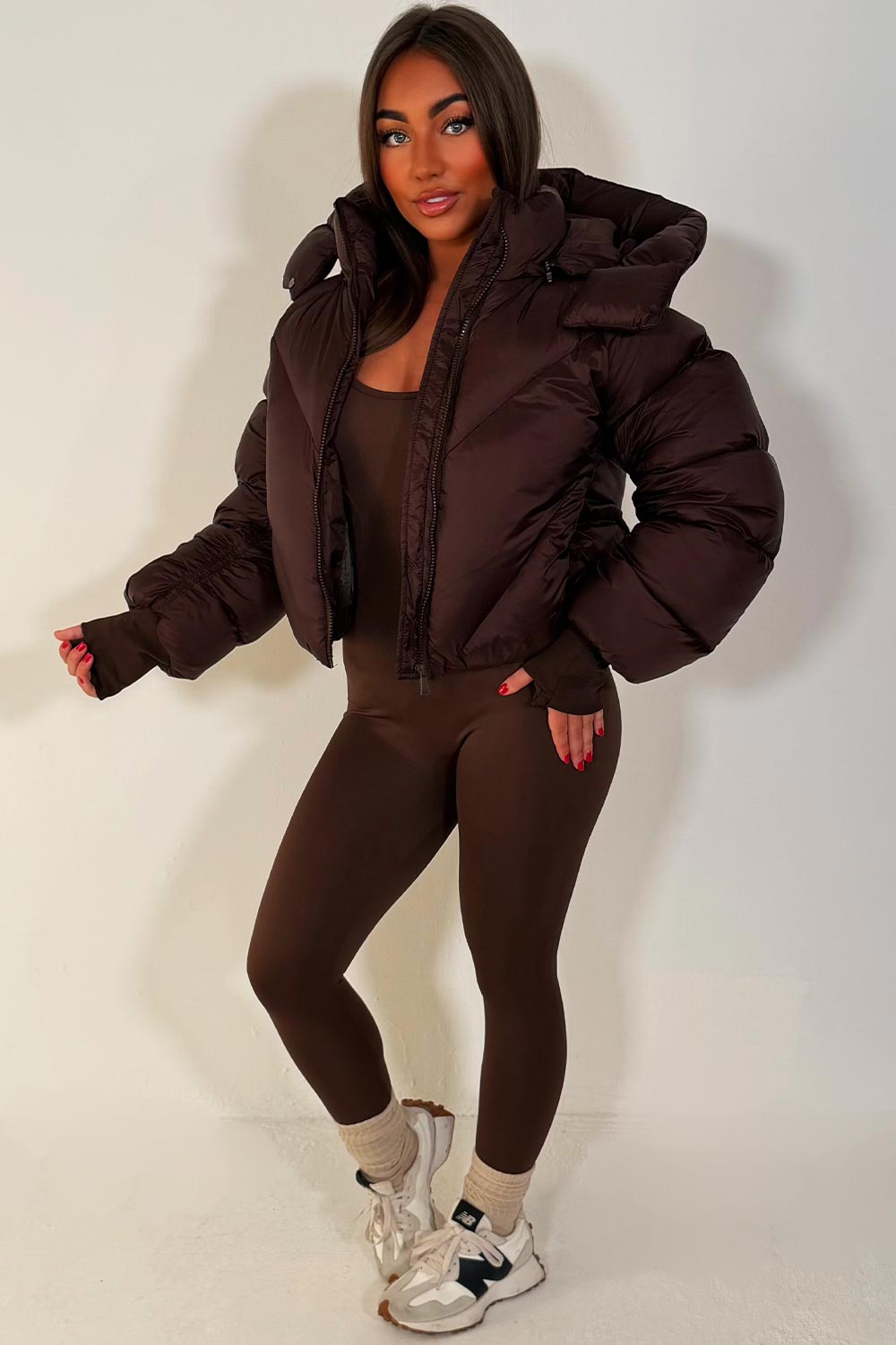 womens puffer padded crop jacket with thumb holes 
