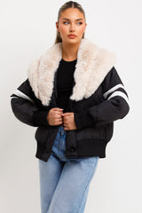 faux fur collar aviator bomber jacket black