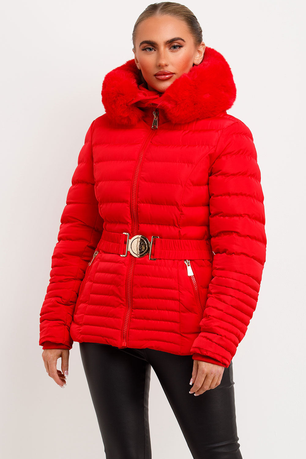 Women's Puffer Jacket With Faux Fur Hood And Gold Belt Red