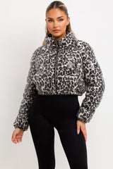 womens sequin puffer jacket animal print cropped