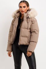 winter puffer jacket with fur hood for womens