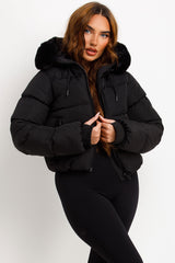 cropped puffer jacket with fur hood