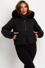 zara womens black puffer jacket with fur hood