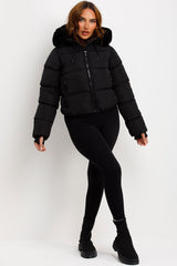 black puffer padded jacket with fur hood womens