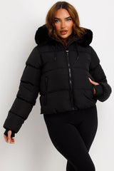 black puffer jacket with big faux fur hood