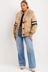 womens aviator jacket with faux fur collar and stripes 