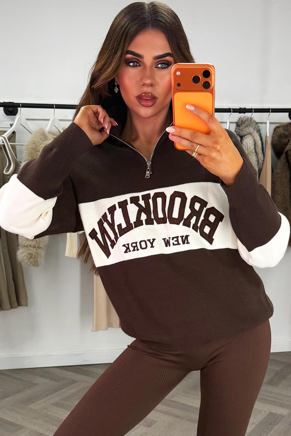 brooklyan new york slogan half zip knitted jumper womens