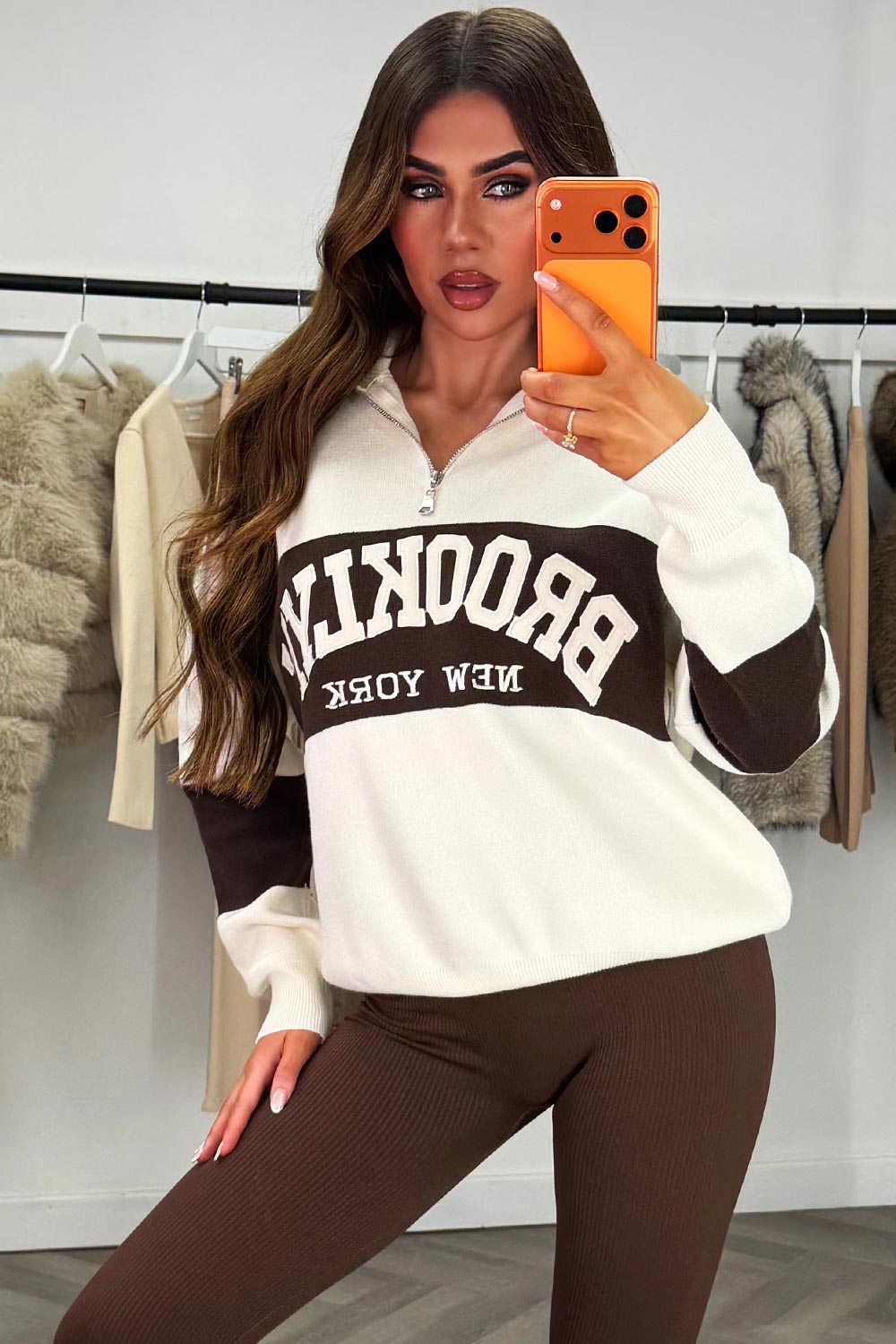 brooklyan new york slogan half zip knitted jumper womens