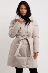 womens long puffer padded duvet coat with belt