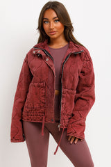 womens zara quilted jacket with long sleeves and drawstring waist styledup