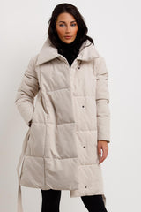 womens long padded puffer coat with belt