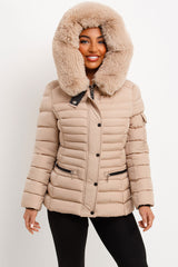 faux fur hood padded puffer winter jacket beige