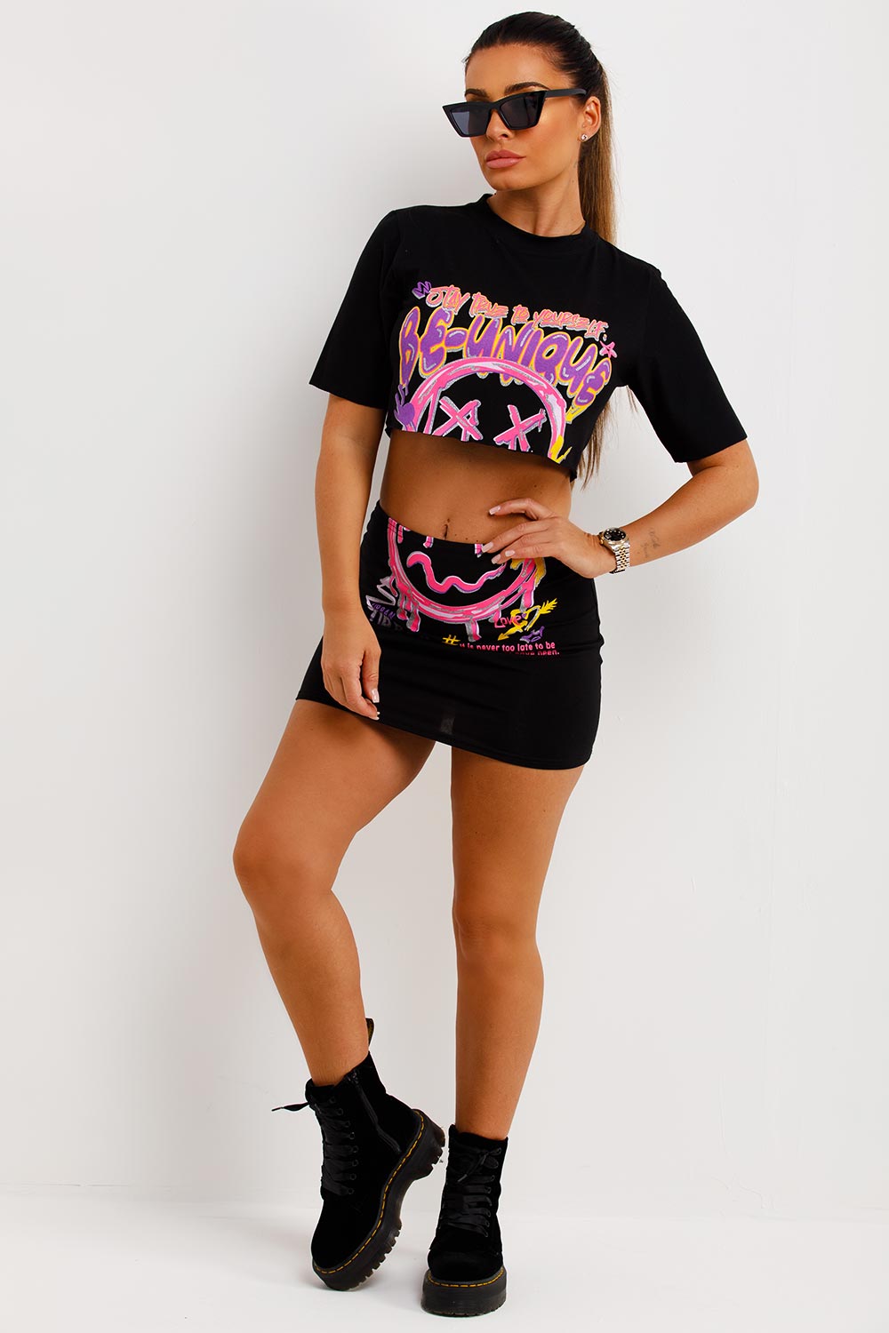 neon be unique graphic print crop top and mini skirt co ord set